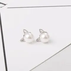 ピアス レディース キャット 一粒 パールピアス シンプル スタッド 韓国 新品
