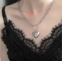 アシンメトリーチェーン シルバー ハート ネックレス 韓国 パンク 地雷 病み