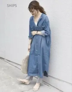 【良品】SHIPSシップス別注Wranglerノーカラーデニムワンピバンドカラー