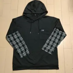 フード付きパーカー 黒　重ね着風　チェック柄　XL