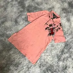 『櫻花爛漫』　半袖ポロシャツ　ピンク　カットソー　コットン100％　和柄(XL)