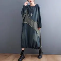 ロングワンピース デニム 切り替え ゆったり 楽チン　ゆるだぼ　普段着　お出かけ