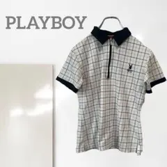 t2【プレイボーイ】ポロシャツ/美品 ハーフジップ チェック 希少 半袖 一点物