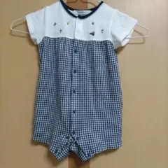 ファミリア　青チェックロンパース(70㌢)ファミちゃん　男の子　車　刺繍