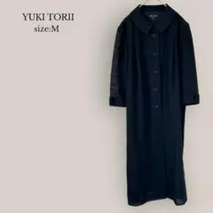 ユキトリイ YUKI TORI シャツワンピース　7分袖　袖シアー　ミモレ丈　黒