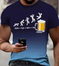 新品　月火水木金ビール　ダイブ　パロディ　おもしろ　Tシャツ　青グラデーションL