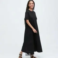 ユニクロ　マーセライズコットンAラインワンピース L ブラック