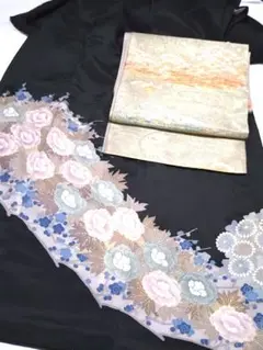 黒留袖&袋帯セット　貼り紋付　着付練習　着物リメイク　●使用感あります。