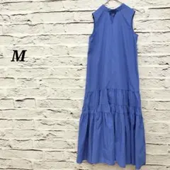 R5168 【Ｍ】 ティアードロングワンピース ノースリーブ コットン混 ブルー