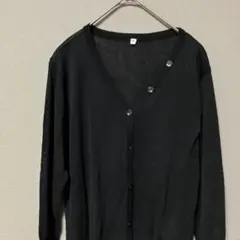 Ｖネック七分袖カーディガン(M)シンプルブラック無地　アクリル&コットンニット