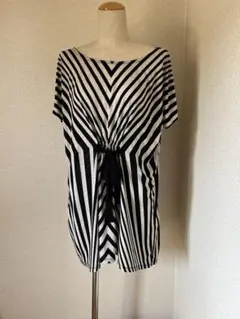 ELLE エル　カットソー　チュニック　ストライプ　ウエストリボン