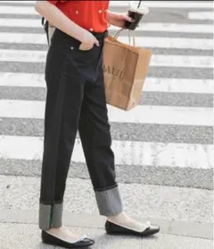 カラーステッチロールアップハイウエストデニムパンツ　L