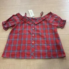 レッド チェック柄 オフショルダー 半袖シャツ 160