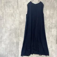 ネイビー ノースリーブ ロングワンピース　北欧　シンプル　フリルワンピース大きめ