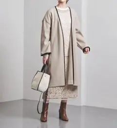 21AW UNITED ARROWS パイピング ノーカラーコート ウール