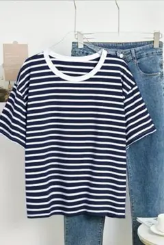 MIUDiary ネイビーとホワイトのストライプTシャツ綿
