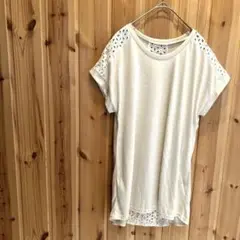 【プレジールファンム】 Tシャツ　半袖　レース　丈長め　体型カバー　ホワイト系