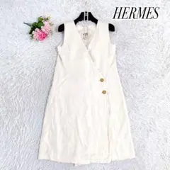 HERMES エルメス　ノースリーブワンピース　ロングジレ　ベージュ 40 麻