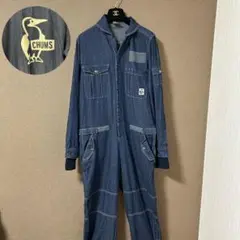 美品【CHUMS】つなぎ オーバーオール S デニム バックプリント メンズ