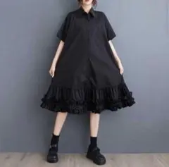 切り替え シャツワンピース フラワーパターンフリル