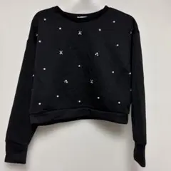 ビジュー装飾 黒 クロップド長袖トップス　Mサイズ　シンプル　ガーリー