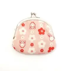 がま口小銭入れ うさぎと梅 ウサギ 花柄 ピンク G358 3.3寸