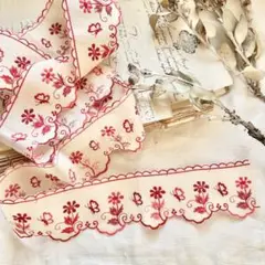 赤い花の行進 ーフランス刺繍トリム　ヴィンテージ飾り布