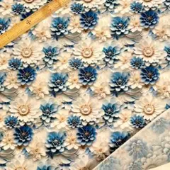 D40　3D立体プリント生地 花柄 濃水色白花 ポリコットン ハギレ 輸入生地