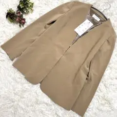 ソフール ブラウン ノーカラージャケット 伸縮性 秋冬 スリット ポケット L