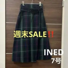 INED チェックスカート ウール ベルト付き 巻きスカート 7号 S 日本製