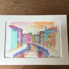 イタリア　ブラーノ島　オリジナル　水彩画