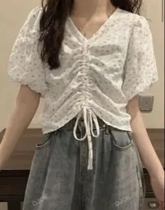 バブルヘムシャツ 花柄 ショートスリーブドローストリングルーチェド Mサイズ