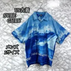 B8 古着 SURF GURU 半袖 アロハシャツ ブルー メンズ Lサイズ