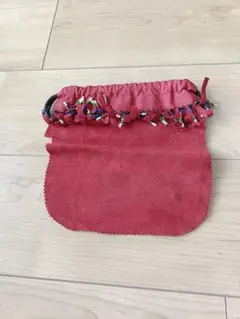 赤いスエード巾着袋 フリンジ付き