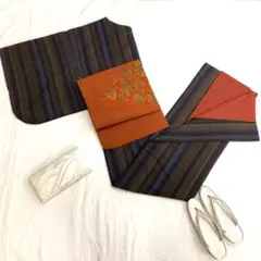 〔6263〕着物 紬 正絹 袷 棒衿 縦縞 紺 茶 単品販売♪