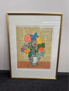 アイズピリ 【真作】「紫色の背景の陶器の花瓶」リトグラフ 12号大 直筆サイン アイズピリ 【真作】「紫色の背景の陶器の花瓶」リトグラフ 12号