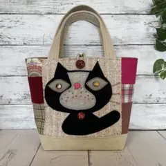 ハンドメイド トートバッグ　No.845 一点物　パッチワーク風　ネコバッグ