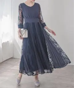 極美品✨アサクラ プリーツ×レース 結婚式 ロングドレス ワンピース ネイビー系