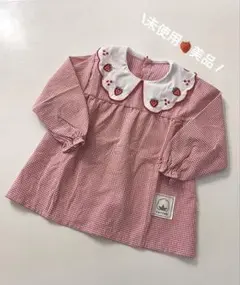 未使用いちご刺繍襟付きスモック保育園幼稚園ギンガムチェック入園入学長袖ブラウス