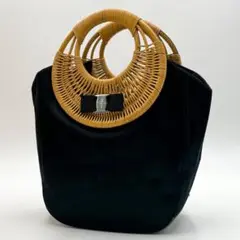 【美品】フェラガモ ヴァラリボン シルク 藤 カゴバック ラタン エナメル