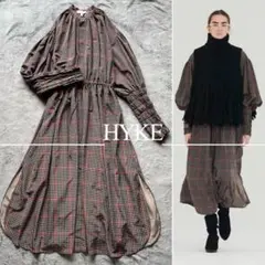 【美品】HYKE ハイク バルーン スリーブ シャツ ワンピース チェック柄 S