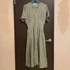 ワンピース　テンセル　リネン　Vネックギャザーワンピース 麻