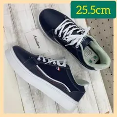 25.5cm メンズ ラインスニーカー メッシュ フェイクレザー ネイビー