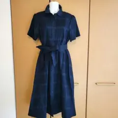ネイビー 半袖 ひざ丈ワンピース ベルト付き
