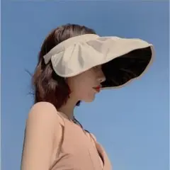 【新作】サンバイザー　ベージュ　小顔　UVカット　2way　つば広　海　プール