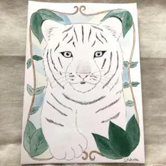 原画　水彩画　ホワイトタイガー　植物　手描きイラスト　アナログイラスト　A5