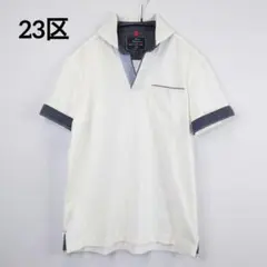 美品☆23区オム スキッパーシャツ M 吸水速乾 おしゃれ襟デザイン 白×紺