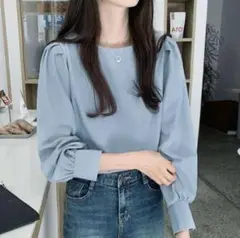 STYLEBLOCK 肩タックデザインシンプルプルオーバー 長袖ブラウス ブルー