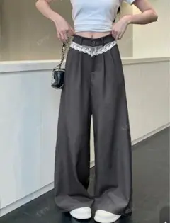 レース　ハイウエスト ワイドレッグパンツ スラックス