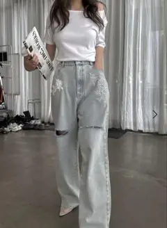 size adjust motif lace loose denim PT